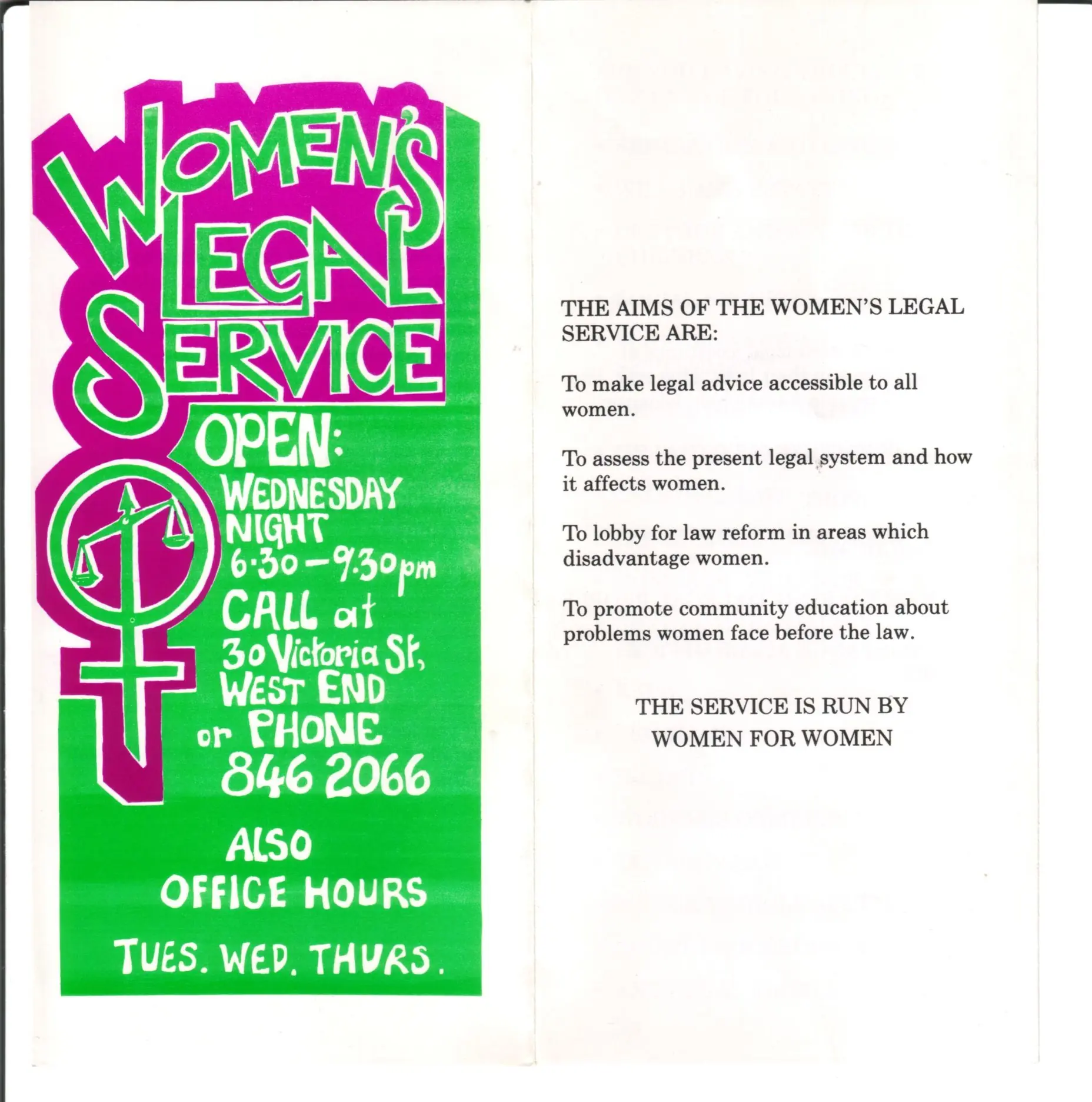 Graphic showing the aims of the women's legal service
