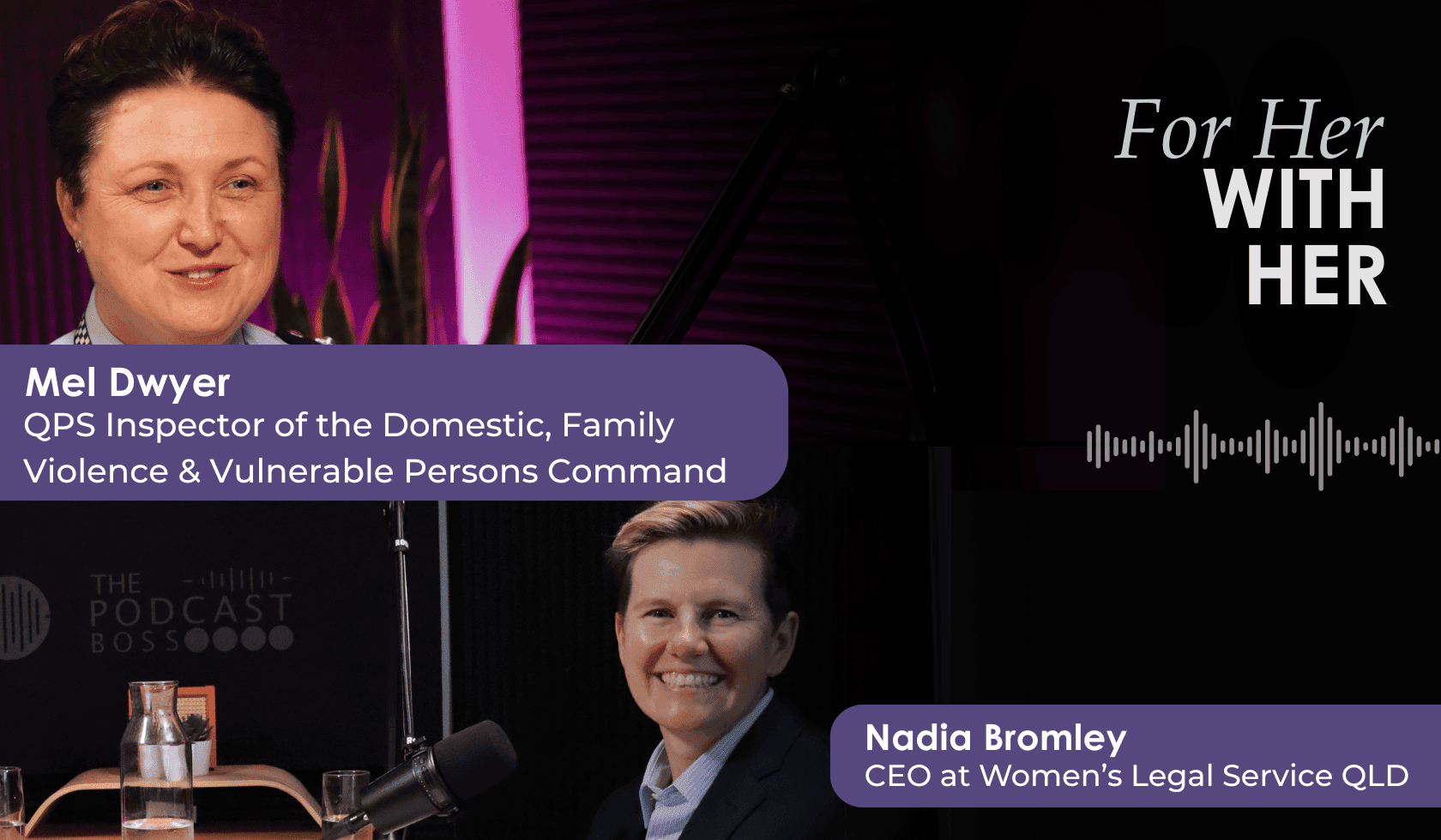 A podcast graphic shows two women, Mel Dwyer (QPS Inspector) and Nadia Bromley (CEO, Women's Legal Service QLD), smiling.